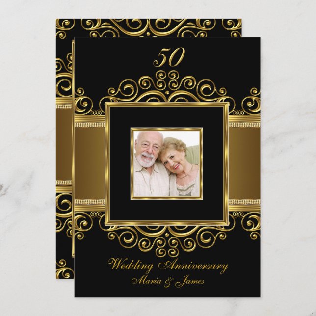 Elegantes Gold & Black Swirl Foto 50 Jahre alt Einladung (Vorne/Hinten)