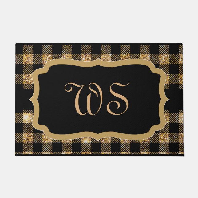 Elegantes Gold Black Tartan Kariert Mit Monogramm Fußmatte (Vorderseite)