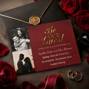 Elegantes Gold Black und Red Custom 2 Fotos Hochze Einladung