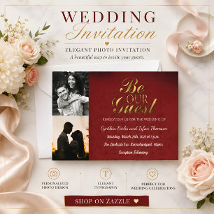 Elegantes Gold Black und Red Custom 2 Fotos Hochze Einladung