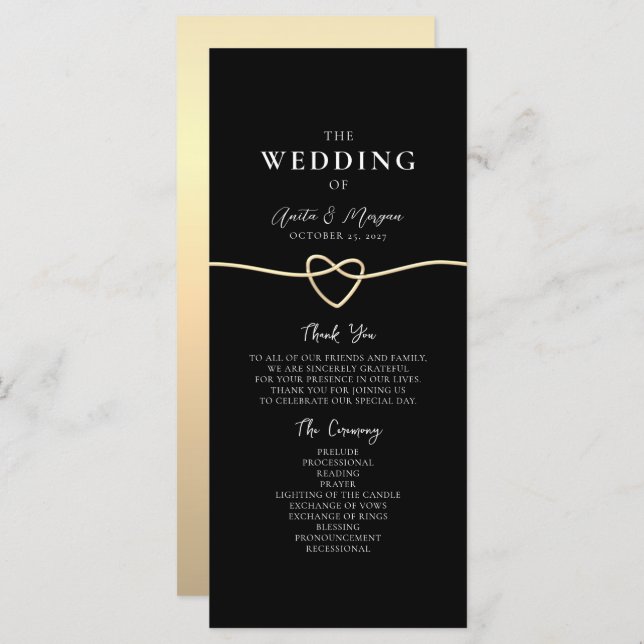 Elegantes Gold Black Wedding Ceremony Programm (Vorne/Hinten)