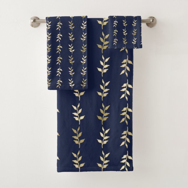 Elegantes Gold-Blätter-Muster am Mitternachtsblau Badhandtuch Set (Insitu)