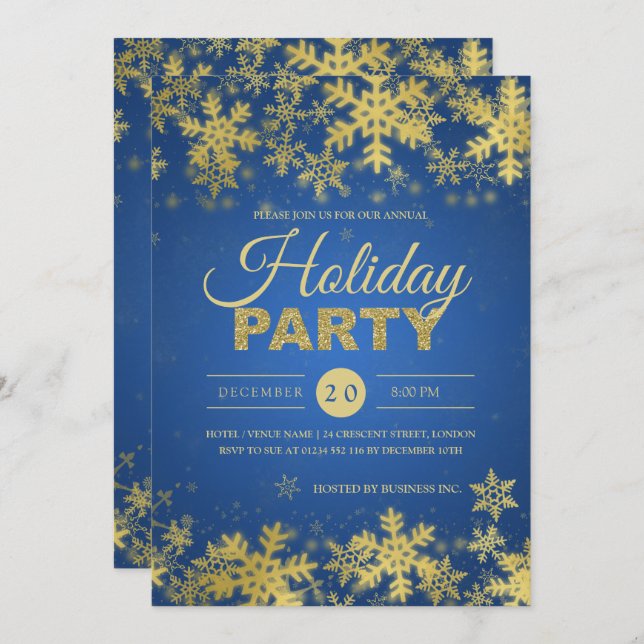 Elegantes Gold & Blue Corporate Weihnachten Party Einladung (Vorne/Hinten)