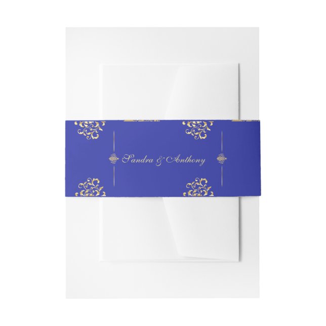 Elegantes Gold & Blue Damask Hochzeitsband Einladungsbanderole (Vorderseite Beispiel)