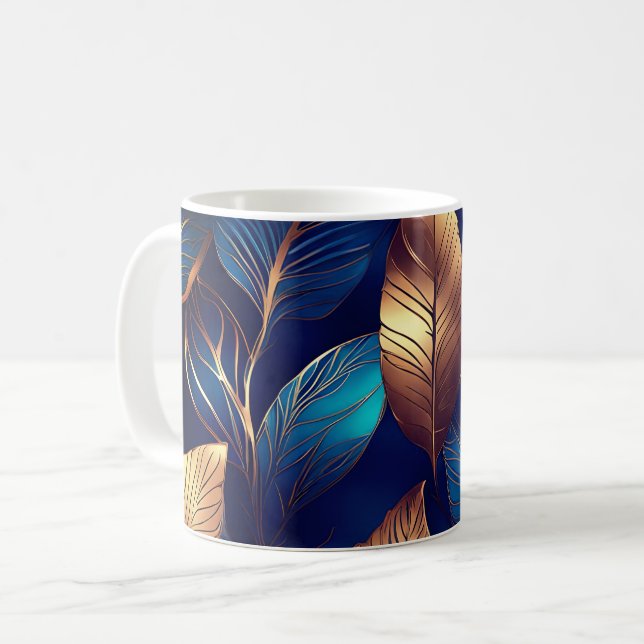 Elegantes Gold Blue Foliage Nature Design Kaffeetasse (Vorderseite Links)