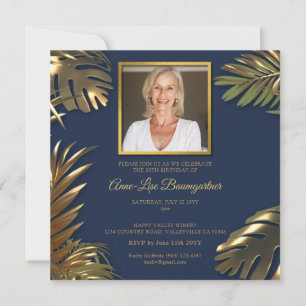 Elegantes Gold Blue Foto 50. Geburtstag Einladung