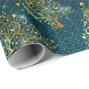 Elegantes Gold & Blue Glitzer Weihnachtsbaum Muste Geschenkpapier