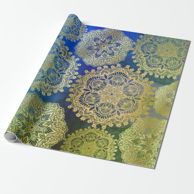 Elegantes Gold Blue Green Mandala Muster Geschenkpapier (Ungerollt)