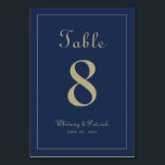 Elegantes Gold Blue Hochzeit Empfang formales Aben Tischnummer<br><div class="desc">Das Design des Party für Hochzeitsfeiern und Tischnummern besticht durch eine klassische Eleganz mit zeitgenössischer, goldfarbener Note auf klassisch marinebasischem Hintergrund. Personalisieren Sie das Hochzeitstisch-Design mit Ihrem Namen, Hochzeitsdatum und Tischnummer in trendiger Schrift und Schrift. Die Rückseite der Karte ist ein Duplikat der Vorderseite. Befolgen Sie unsere einfach zu bedienende...</div>