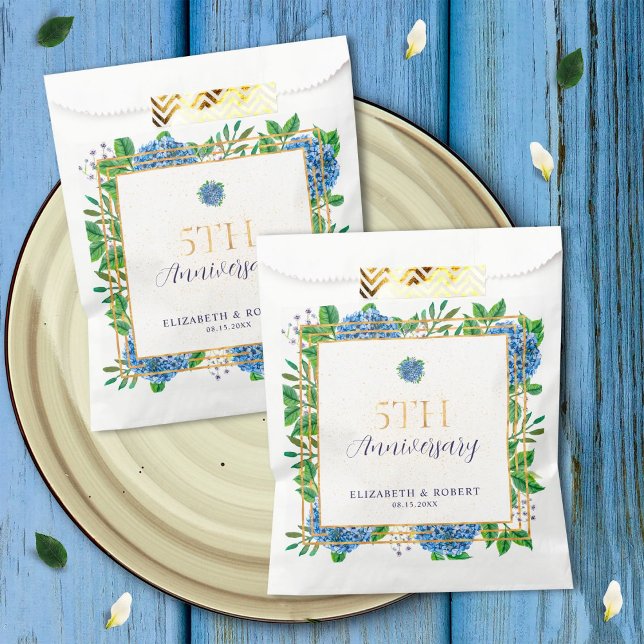 Elegantes Gold Blue Hydrangea 5-jähriges Party Geschenktütchen (Von Creator hochgeladen)