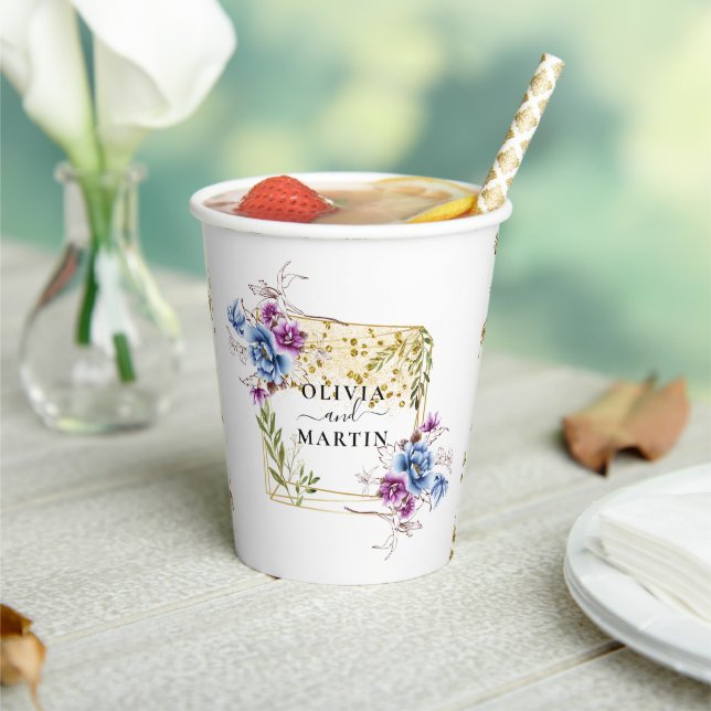 Elegantes Gold Blue Lila Geometric Gerahmt Wedding Pappbecher (In Situ)