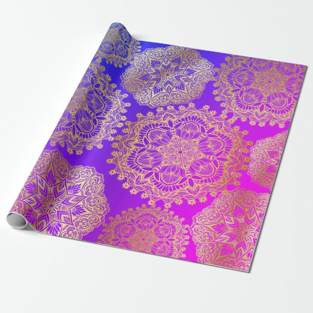 Elegantes Gold Blue Lila Pink Mandala Muster Geschenkpapier (Ungerollt)
