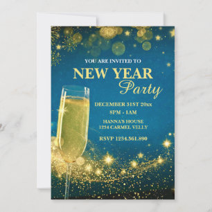 Elegantes Gold & Blue New Year's Eve Party Einladung