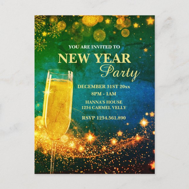Elegantes Gold & Blue New Year's Eve Party Postkarte (Vorderseite)