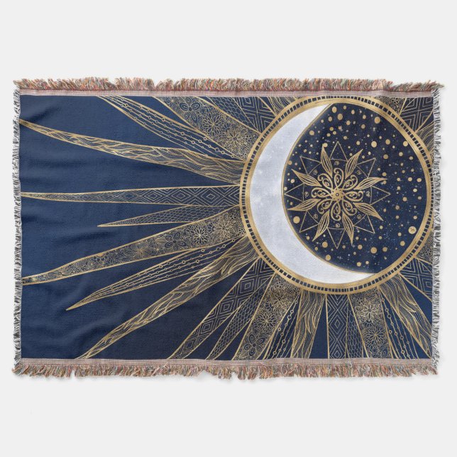 Elegantes Gold & Blue Sun Moon Mandala Doodles Art Decke (Vorderseite)