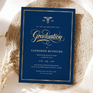 Elegantes Gold Blue Uni-Abschluß Party Einladung