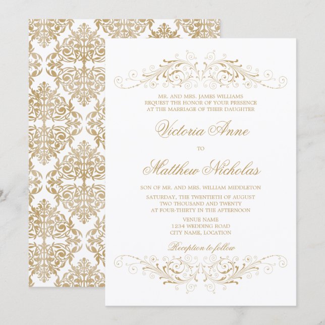 Elegantes Gold Blüh und Damask Einladung (Vorne/Hinten)
