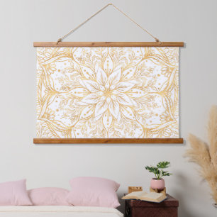 Elegantes Gold Blume Mandala Weißes Design Wandteppich Mit Holzrahmen