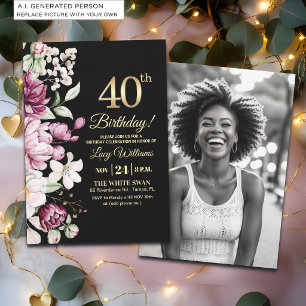 Elegantes Gold-Blumen-40-Geburtstagsfoto Einladung