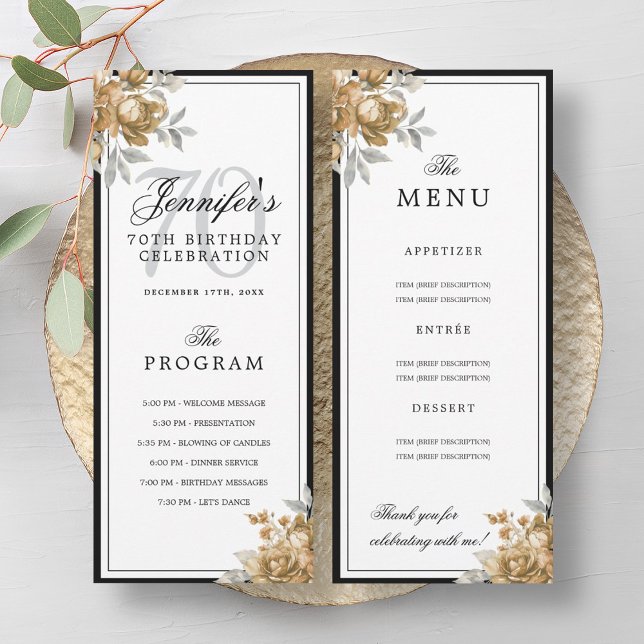 Elegantes Gold-Blumen-70.-Geburtstags-Programm-Men Einladung (Elegant Gold Floral 70th Birthday Program Menu )