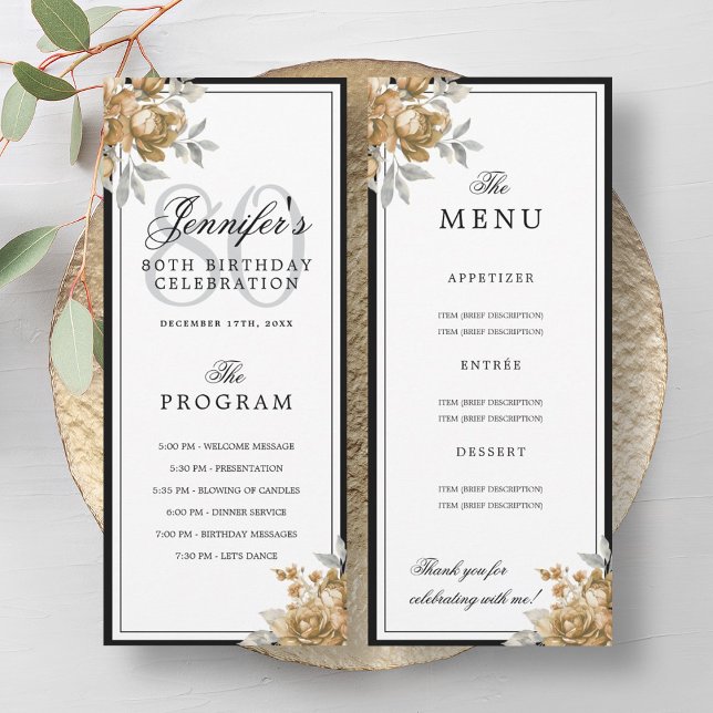 Elegantes Gold-Blumen-80-Geburtstags-Programm-Menü Einladung (Elegant Gold Floral 80th Birthday Program Menu )