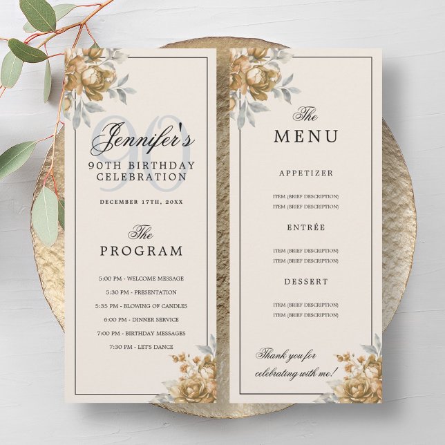 Elegantes Gold-Blumen-Programm-Menü zum 90. Geburt Einladung (Elegant Gold Floral 90th Birthday Program Menu )