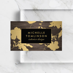 Elegantes Gold-Blumenmuster Dunkles Holz Designer Visitenkarte