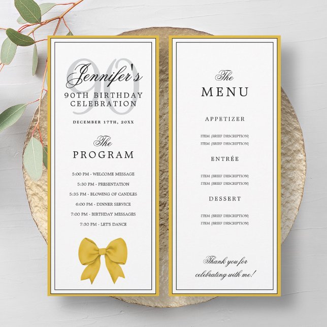 Elegantes Gold-Bogen-Programm zum 90. Geburtstag + Einladung (Elegant Gold Bow 90th Birthday Program + Menu )