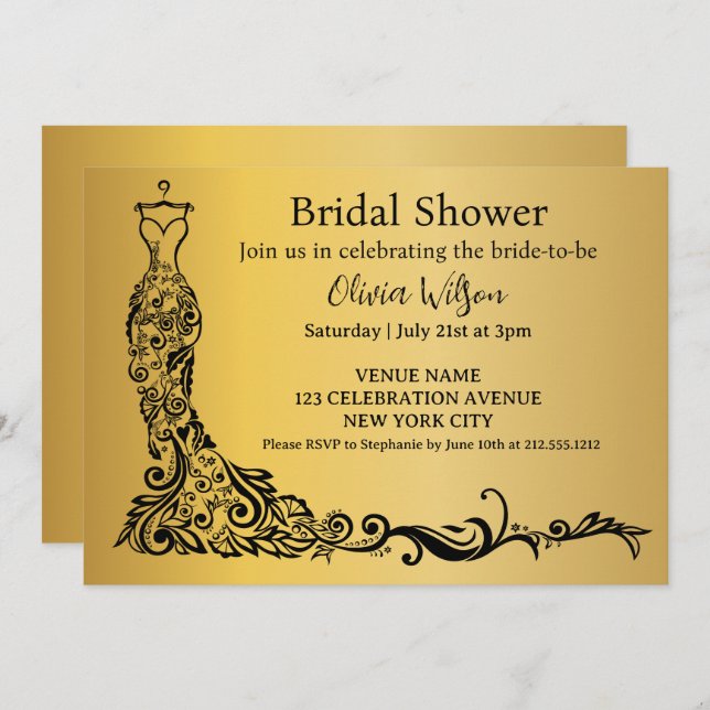 Elegantes Gold Boho Floral Gown Brautparty Einladung (Vorne/Hinten)