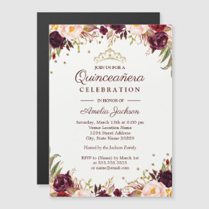 Elegantes Gold-Bordeaux-Blumen-Quinceanera Magneteinladung