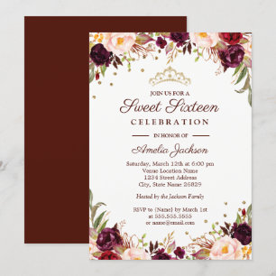 Elegantes Gold-Bordeaux-Blumen Sweet Sixteen Einladung