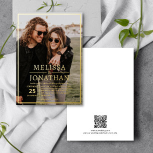 Elegantes Gold Border Script Foto QR Code Hochzeit Folieneinladung