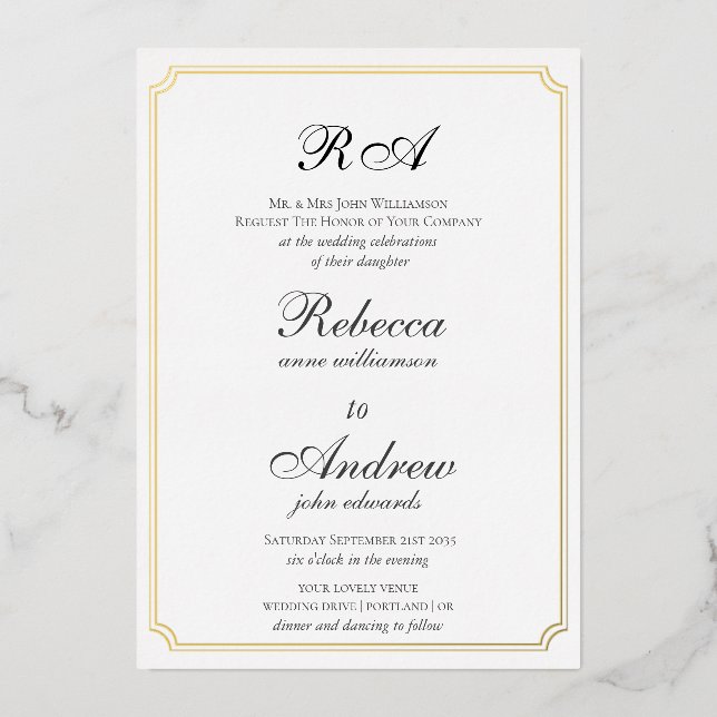 Elegantes Gold Borders Classic Monogramm Folieneinladung (Vorderseite)