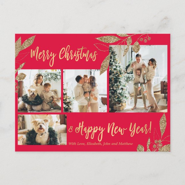Elegantes Gold Botanical 4 Foto Collage Weihnachte Postkarte (Vorderseite)