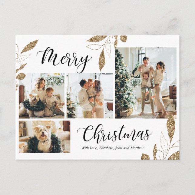 Elegantes Gold Botanical 4 Foto Collage Weihnachte Postkarte (Vorderseite)