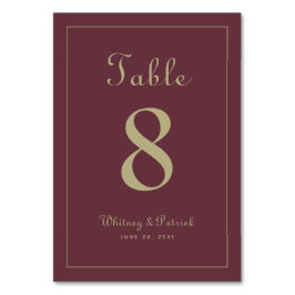 Elegantes Gold Burgund Hochzeitsdinner Tischnummer