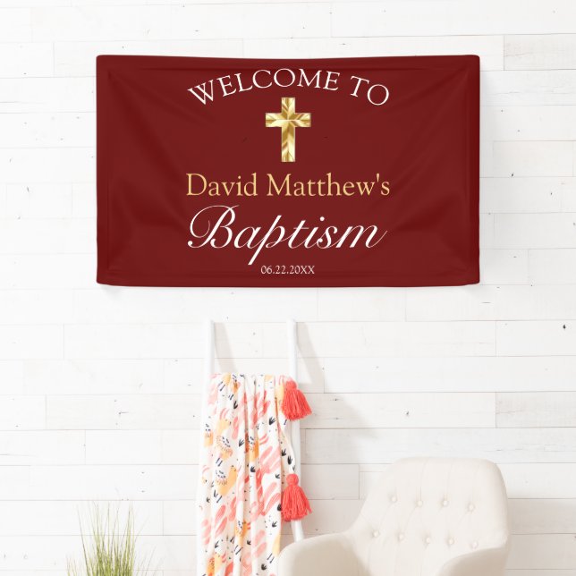 Elegantes Gold Burgundy Baby Baptisse Begrüßungsba Banner (Insitu)