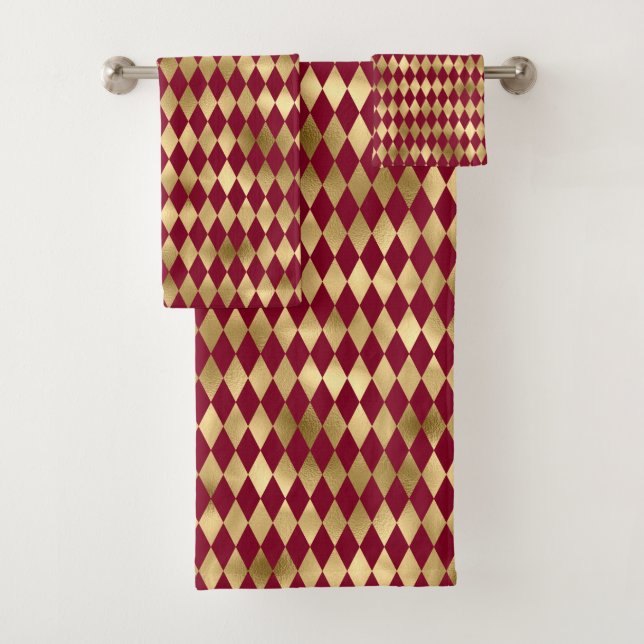 Elegantes Gold Burgundy Diamond Muster Badhandtuch Set (Insitu)