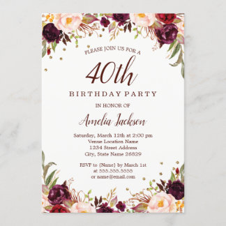Elegantes Gold Burgundy Floral 40. Geburtstag Part Einladung
