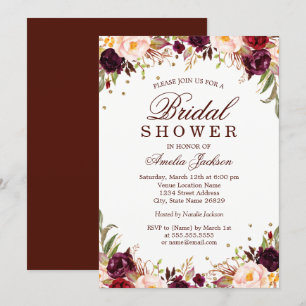 Elegantes Gold Burgundy Floral Brautparty Einladung