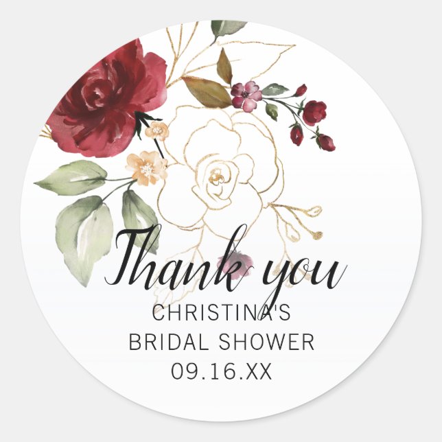 Elegantes Gold Burgundy Floral Brautparty Runder Aufkleber (Vorderseite)