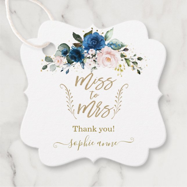 Elegantes Gold Calligraphy Blue Floral Brautparty Geschenkanhänger (Vorderseite)