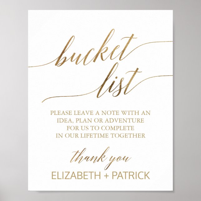 Elegantes Gold Calligraphy Bucket List-Zeichen Poster (Vorne)