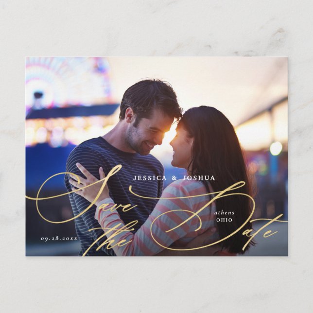 Elegantes Gold Calligraphy Foto Save the Date Postkarte (Vorderseite)