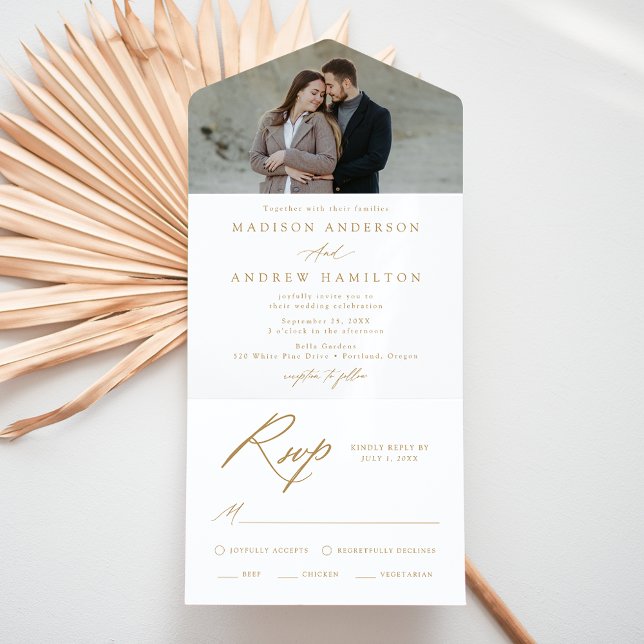 Elegantes Gold Calligraphy Foto Wedding All In One Einladung (Von Creator hochgeladen)