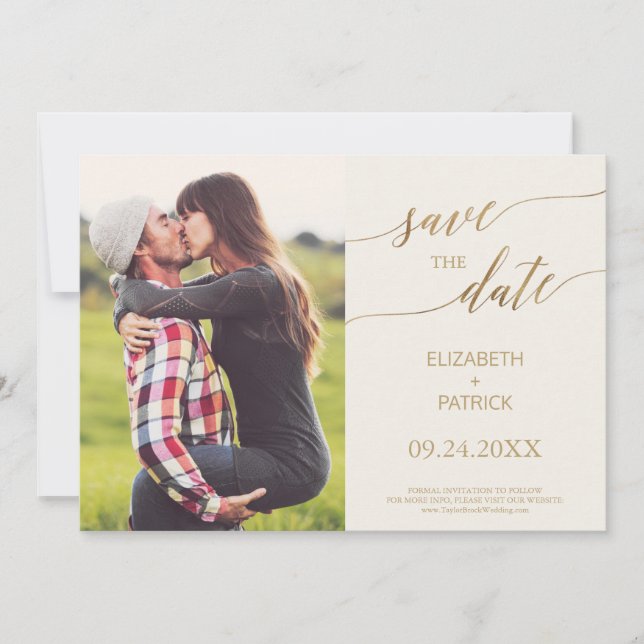 Elegantes Gold Calligraphy Ivory Foto Save the Dat Date (Vorderseite)