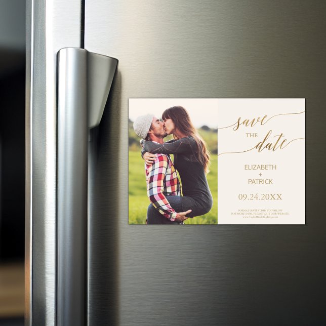 Elegantes Gold Calligraphy Ivory Foto Save the Dat Magneteinladung (Von Creator hochgeladen)