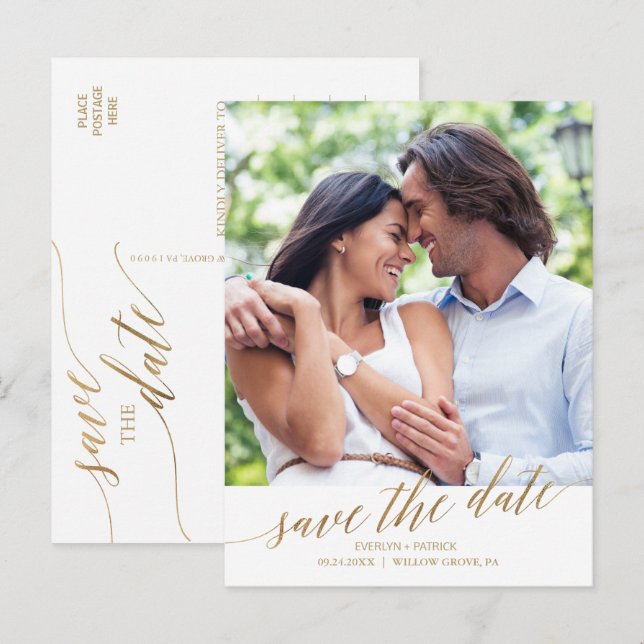 Elegantes Gold Calligraphy Save the Date Foto Ankündigungspostkarte (Vorne/Hinten)