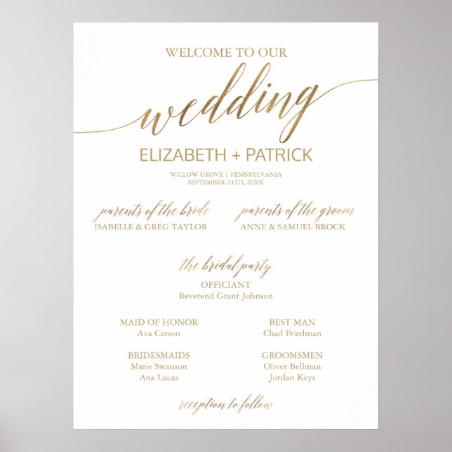 Elegantes Gold Calligraphy Small Wedding Program Poster (Vorne)