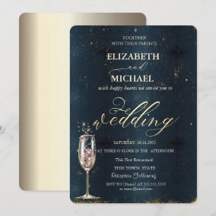 Elegantes Gold Champagnerglas Dunkelblaue Hochzeit Einladung